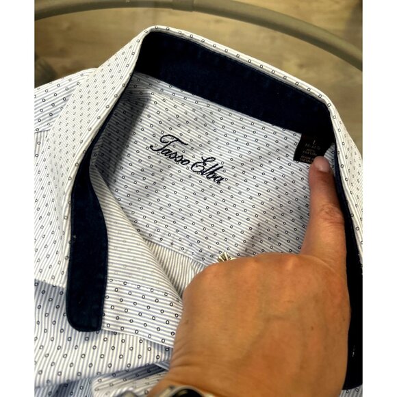 Tasso Elba Mens Long Sleeve Button-Up Shirt Slim Fit 100% Cotton Blue & White L - Picture 3 of 6